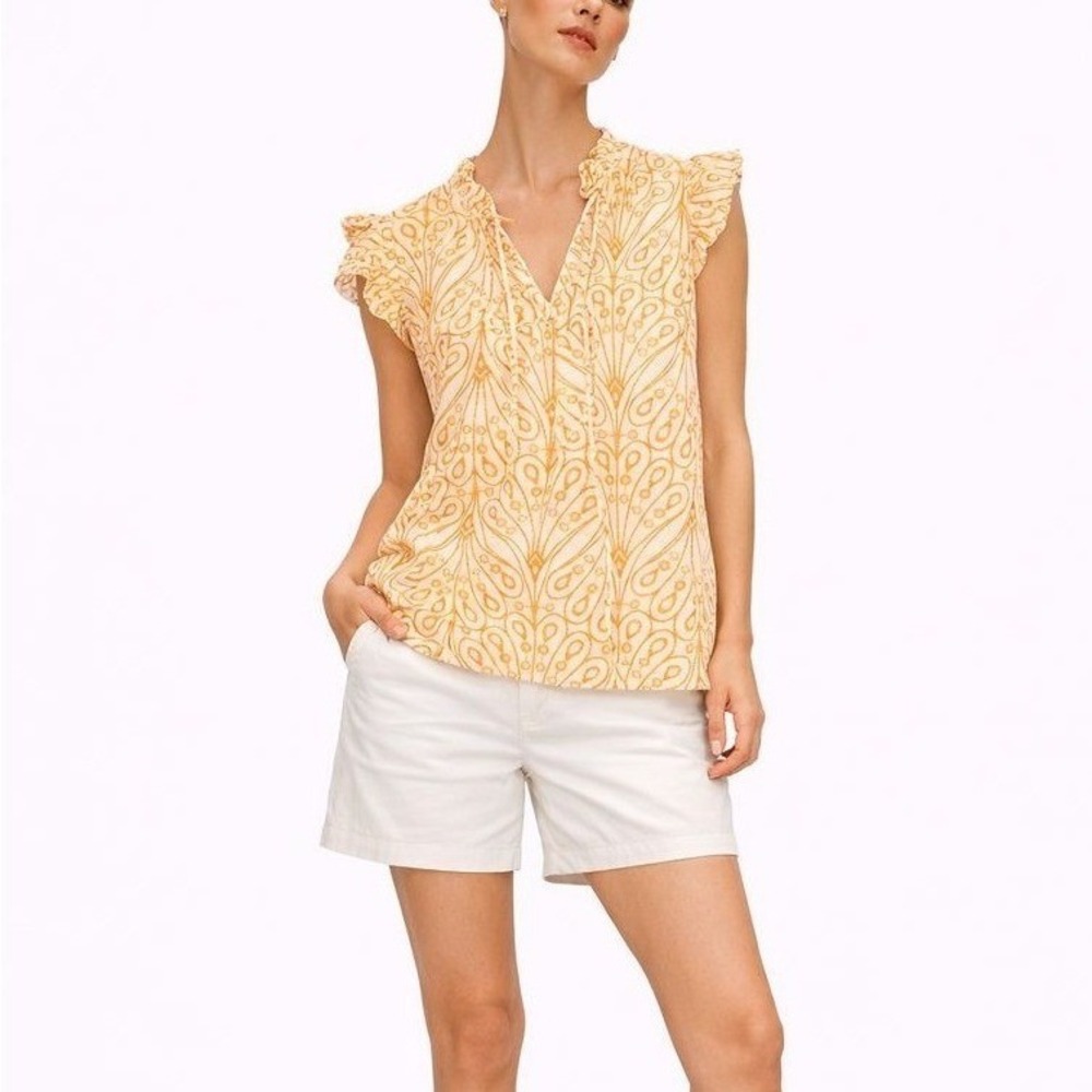 Loft Petites Orange White Embroidered Flutter Sleeve Tie Neck Top SP Cotton